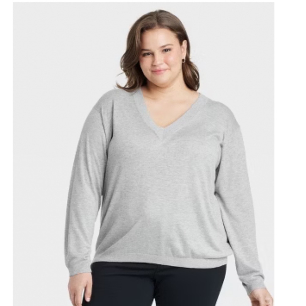 A New Day Womens Fine Gauge Grey V Neck Long Sleeve Pullover Sweater Size 1X